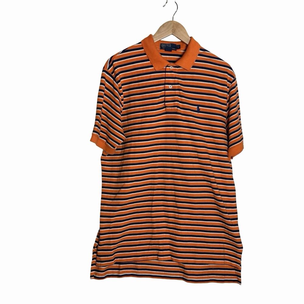 Vintage Polo Ralph Lauren Polo Shirt Men's Large Orange Blue Striped Hong Kong